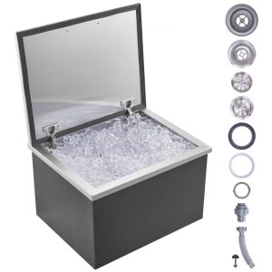 Beverage Equipment | Drop in Ice Chest, 20″L x 16″W x 13″H Stainless Steel Ice Cooler, Commercial Ice Bin with Hinged Cover, 40 qt Outdoor Kitchen Ice Bar, Drain-pipe and Drain Plug Included, for Cold Wine Beer Beverage Equipment Beverage Equipment