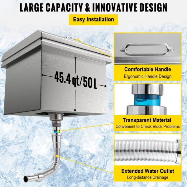 Beverage Equipment | Drop in Ice Chest 20”L x 18”W x 13”H Drop in Cooler Stainless Steel with Hinged Cover Bar Ice Bin 45.4 qt Drain-pipe and Drain Plug Included for Cold Wine Beer Beverage Equipment Beverage Equipment