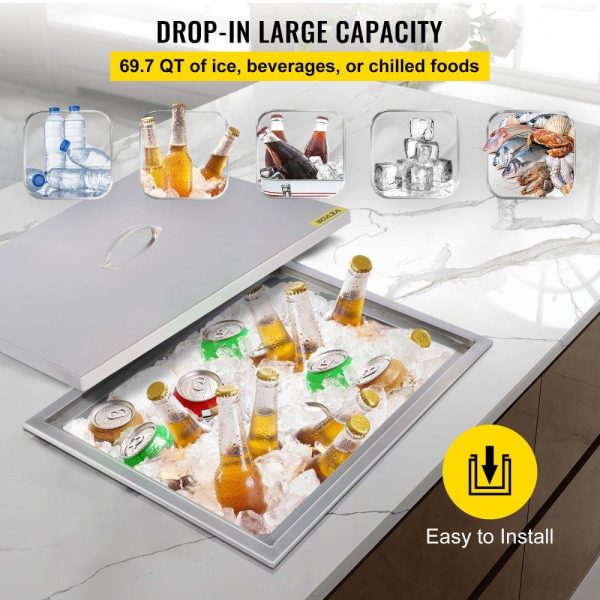 Beverage Equipment | Drop In Ice Chest 21.2L x 16.8W x 17.6H Inch with Cover Stainless Steel Ice Cooler Included Drain-pipe and Drain Plug Drop In Ice Bin Outdoor Kitchen for Cold Wine Beverage Beverage Equipment Beverage Equipment