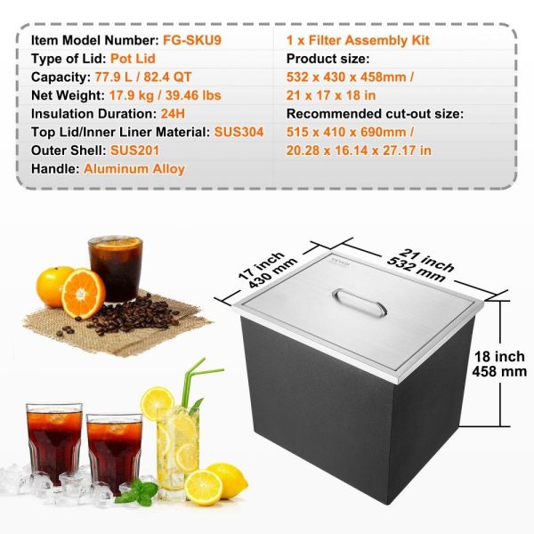 Beverage Equipment | Drop in Ice Chest, 21″L x 17″W x 18″H Stainless Steel Ice Cooler, Commercial Ice Bin with Cover, 40 qt Outdoor Kitchen Ice Bar, Drain-pipe and Drain Plug Included, for Cold Wine Beer Beverage Equipment Beverage Equipment