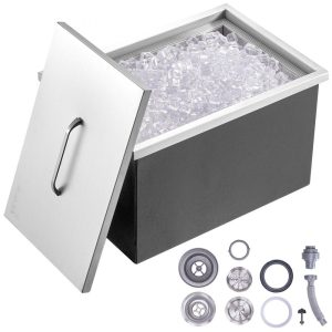 Beverage Equipment | Drop in Ice Chest, 22″L x 17″W x 12″H Stainless Steel Ice Cooler, Commercial Ice Bin with Cover, 40 qt Outdoor Kitchen Ice Bar, Drain-pipe and Drain Plug Included, for Cold Wine Beer Beverage Equipment Beverage Equipment