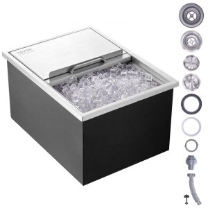 Beverage Equipment | Drop in Ice Chest, 24″L x 18″W x 13″H Stainless Steel Ice Cooler, Commercial Ice Bin with Sliding Cover, 40.9 qt Outdoor Kitchen Ice Bar, Drain-pipe and Drain Plug Included, for Cold Wine Beer Beverage Equipment Beverage Equipment