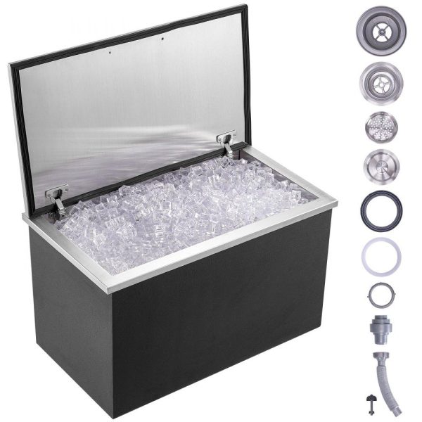 Beverage Equipment | Drop in Ice Chest, 24″L x 20″W x 15″H Stainless Steel Ice Cooler, Commercial Ice Bin with Hinged Cover, 40 qt Outdoor Kitchen Ice Bar, Drain-pipe and Drain Plug Included, for Cold Wine Beer Beverage Equipment Beverage Equipment