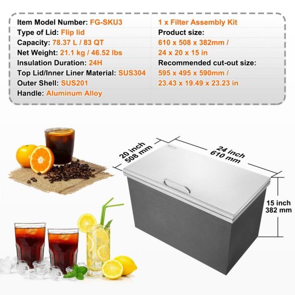 Beverage Equipment | Drop in Ice Chest, 24″L x 20″W x 15″H Stainless Steel Ice Cooler, Commercial Ice Bin with Hinged Cover, 40 qt Outdoor Kitchen Ice Bar, Drain-pipe and Drain Plug Included, for Cold Wine Beer Beverage Equipment Beverage Equipment