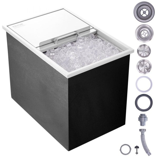 Beverage Equipment | Drop in Ice Chest, 27″L x 18″W x 21″H Stainless Steel Ice Cooler, Commercial Ice Bin with Sliding Cover, 40.9 qt Outdoor Kitchen Ice Bar, Drain-pipe and Drain Plug Included, for Cold Wine Beer Beverage Equipment Beverage Equipment