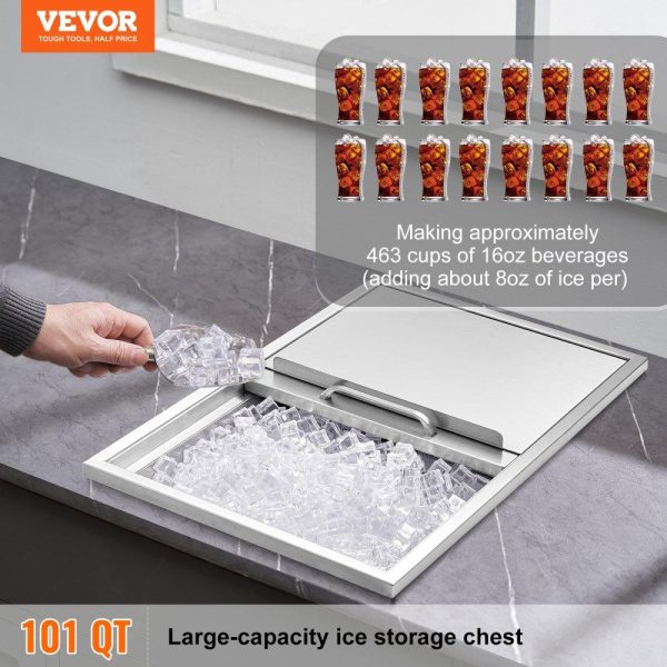 Beverage Equipment | Drop in Ice Chest, 27″L x 18″W x 21″H Stainless Steel Ice Cooler, Commercial Ice Bin with Sliding Cover, 40.9 qt Outdoor Kitchen Ice Bar, Drain-pipe and Drain Plug Included, for Cold Wine Beer Beverage Equipment Beverage Equipment