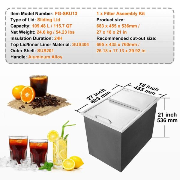 Beverage Equipment | Drop in Ice Chest, 27″L x 18″W x 21″H Stainless Steel Ice Cooler, Commercial Ice Bin with Sliding Cover, 40.9 qt Outdoor Kitchen Ice Bar, Drain-pipe and Drain Plug Included, for Cold Wine Beer Beverage Equipment Beverage Equipment