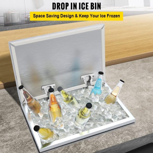 Beverage Equipment | Drop in Ice Chest 28”L x 16”W x 17”H Drop in Cooler Stainless Steel with Hinged Cover Bar Ice Bin 76.3 qt Drain-pipe and Drain Plug Included for Cold Wine Beer Beverage Equipment Beverage Equipment