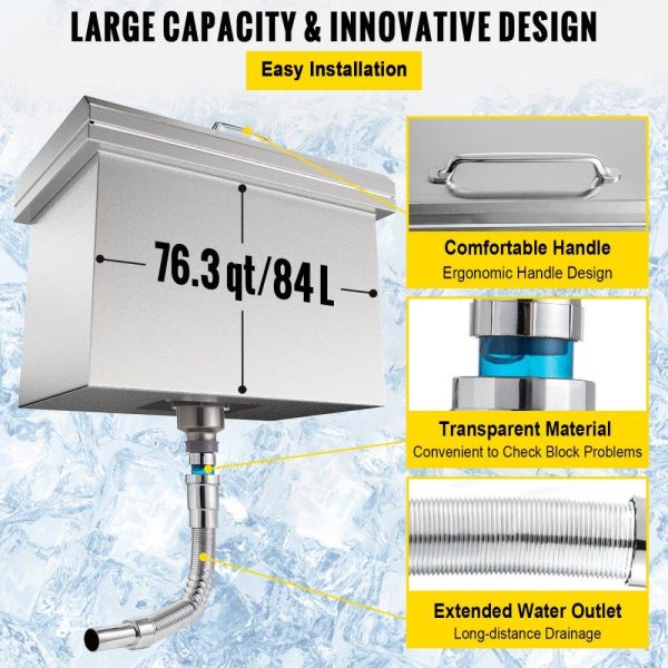 Beverage Equipment | Drop in Ice Chest 28”L x 16”W x 17”H Drop in Cooler Stainless Steel with Hinged Cover Bar Ice Bin 76.3 qt Drain-pipe and Drain Plug Included for Cold Wine Beer Beverage Equipment Beverage Equipment