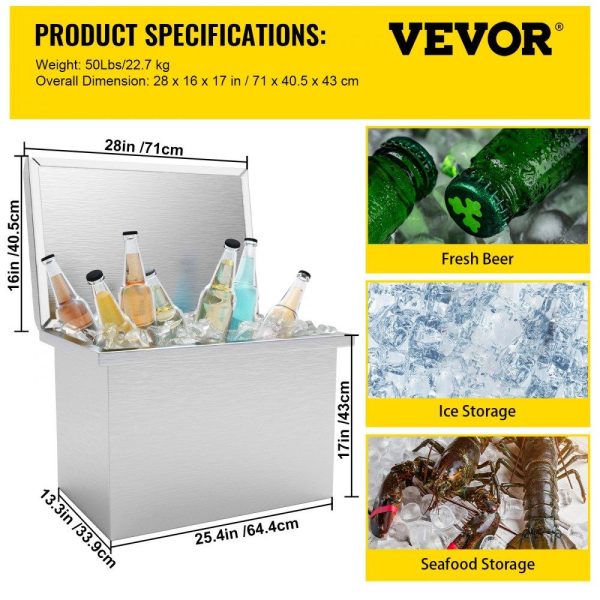 Beverage Equipment | Drop in Ice Chest 28”L x 16”W x 17”H Drop in Cooler Stainless Steel with Hinged Cover Bar Ice Bin 76.3 qt Drain-pipe and Drain Plug Included for Cold Wine Beer Beverage Equipment Beverage Equipment