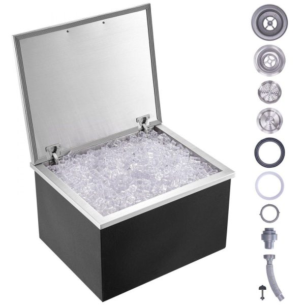 Beverage Equipment | Drop in Ice Chest, 28″L x 16″W x 17″H Stainless Steel Ice Cooler, Commercial Ice Bin with Hinged Cover, 40 qt Outdoor Kitchen Ice Bar, Drain-pipe and Drain Plug Included, for Cold Wine Beer Beverage Equipment Beverage Equipment