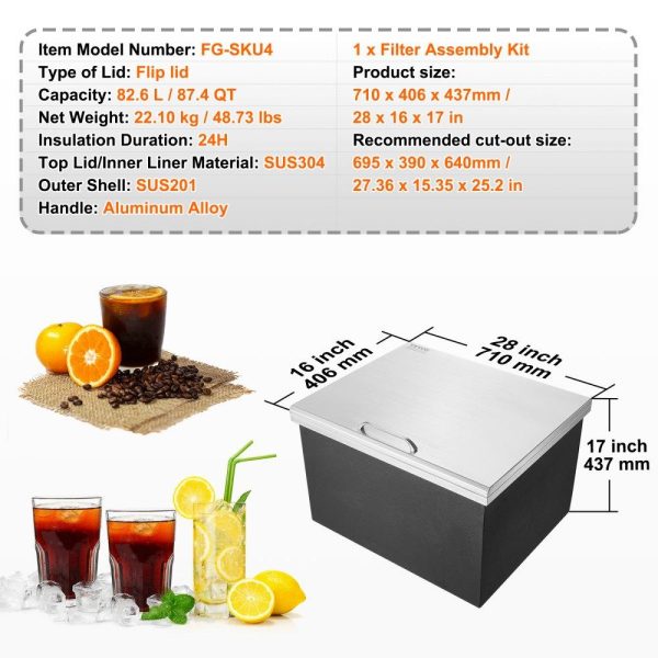 Beverage Equipment | Drop in Ice Chest, 28″L x 16″W x 17″H Stainless Steel Ice Cooler, Commercial Ice Bin with Hinged Cover, 40 qt Outdoor Kitchen Ice Bar, Drain-pipe and Drain Plug Included, for Cold Wine Beer Beverage Equipment Beverage Equipment