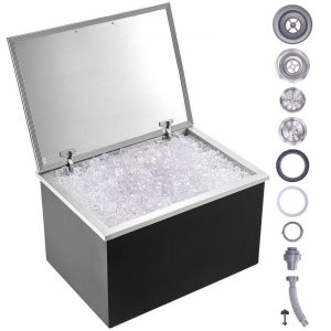 Beverage Equipment | Drop in Ice Chest, 28″L x 20″W x 17″H Stainless Steel Ice Cooler, Commercial Ice Bin with Hinged Cover, 40 qt Outdoor Kitchen Ice Bar, Drain-pipe and Drain Plug Included, for Cold Wine Beer Beverage Equipment Beverage Equipment