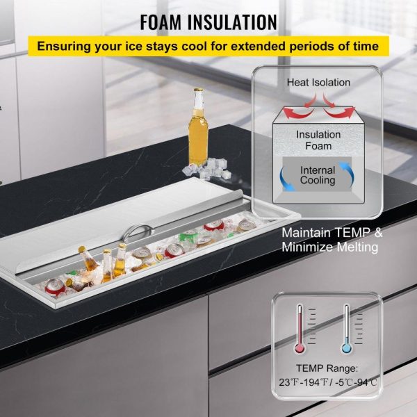 Beverage Equipment | Drop in Ice Chest 36L x 18W x 14H Inch Stainless Steel Ice Cooler with Sliding Cover Drop in Ice Bin Included Drain-pipe and Drain Plug for Cold Wine Beer Beverage Equipment Beverage Equipment
