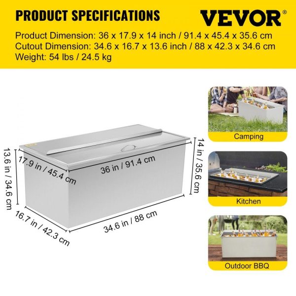 Beverage Equipment | Drop in Ice Chest 36L x 18W x 14H Inch Stainless Steel Ice Cooler with Sliding Cover Drop in Ice Bin Included Drain-pipe and Drain Plug for Cold Wine Beer Beverage Equipment Beverage Equipment