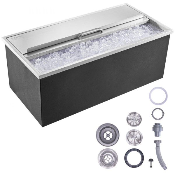 Beverage Equipment | Drop in Ice Chest, 36″L x 18″W x 14″H Stainless Steel Ice Cooler, Commercial Ice Bin with Sliding Cover, 40.9 qt Outdoor Kitchen Ice Bar, Drain-pipe and Drain Plug Included, for Cold Wine Beer Beverage Equipment Beverage Equipment