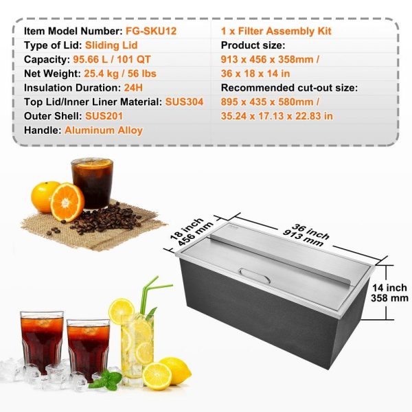 Beverage Equipment | Drop in Ice Chest, 36″L x 18″W x 14″H Stainless Steel Ice Cooler, Commercial Ice Bin with Sliding Cover, 40.9 qt Outdoor Kitchen Ice Bar, Drain-pipe and Drain Plug Included, for Cold Wine Beer Beverage Equipment Beverage Equipment