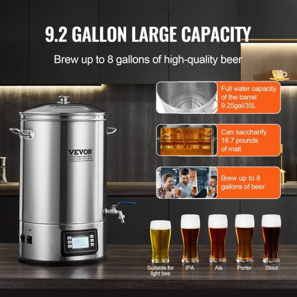 Beverage Equipment | Electric Brewing System, 8 GALLON Brewing Stock Pot, All-in-One Home Beer Brewer, 304 Stainless Steel Brewing Supplies with Panel, Includes Glass Lid, Handle, Spigot, Electronic Panel Control Beverage Equipment Beverage Equipment