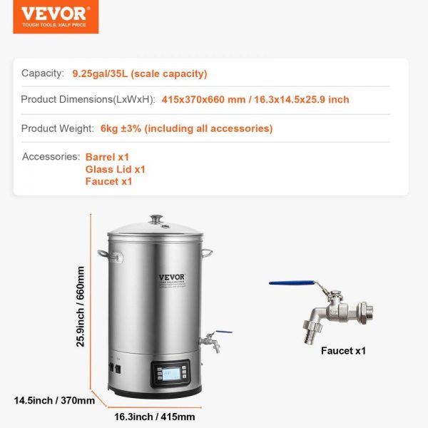 Beverage Equipment | Electric Brewing System, 8 GALLON Brewing Stock Pot, All-in-One Home Beer Brewer, 304 Stainless Steel Brewing Supplies with Panel, Includes Glass Lid, Handle, Spigot, Electronic Panel Control Beverage Equipment Beverage Equipment