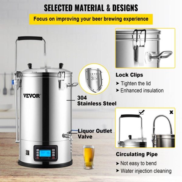 Beverage Equipment | Electric Brewing System, 9.2 Gal/35 L Brewing Pot, All-in-One Home Beer Brewer w/Pump, Mash Boil Device w/Panel, Auto/Manual Mode 100-1800W Power 25-100℃ Temp 1-180 min Timer Recipe Memory Beverage Equipment Beverage Equipment