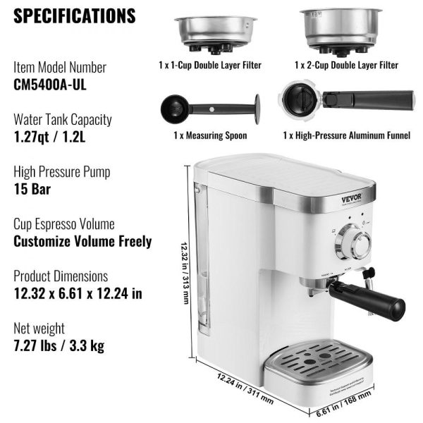 Beverage Equipment | Espresso Coffee Machine, 15Bar Semi-Automatic Espresso Maker with Milk Frother Steam Wand, Professional Cappuccino Latte Machine with High-Power Boiler & Removable Water Tank, NTC Control System Beverage Equipment Beverage Equipment