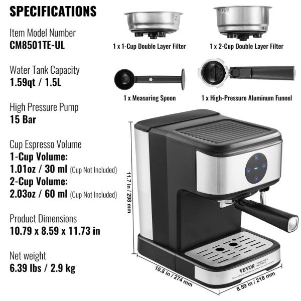 Beverage Equipment | Espresso Machine, 15 Bar Coffee and Espresso Maker with Milk Frother Steam Wand, Professional Semi-Automatic Cappuccino Latte Machine with Touch Screen & Removable Water Tank, NTC Control System Beverage Equipment Beverage Equipment