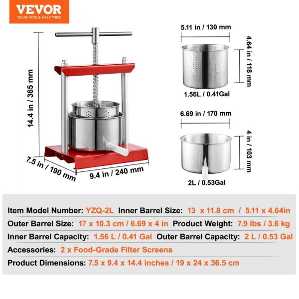 Beverage Equipment | Fruit Wine Press, 0.53 Gallon/2L, 2 Stainless Steel Barrels, Manual Juice Maker, Cider Apple Grape Tincture Vegetables Honey Olive Oil Making Press with T-Handle for Outdoor, Kitchen, and Home Beverage Equipment Beverage Equipment