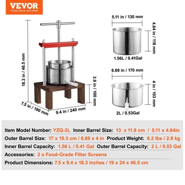 Beverage Equipment | Fruit Wine Press, 0.53 Gallon/2L, 2 Stainless Steel Barrels, Manual Juice Maker, Cider Apple Grape Tincture Vegetables Honey Olive Oil Making Press with T-Handle & Stable Base for Kitchen, Home Beverage Equipment Beverage Equipment