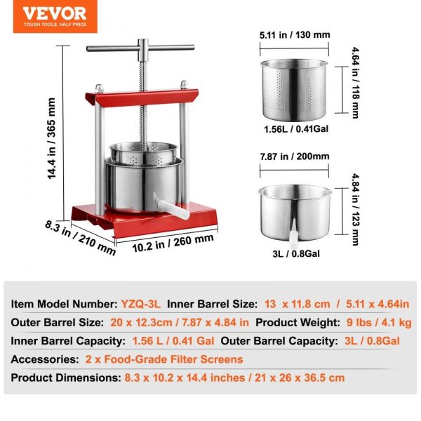 Beverage Equipment | Fruit Wine Press, 0.8 Gallon/3L, 2 Stainless Steel Barrels, Manual Juice Maker, Cider Apple Grape Tincture Vegetables Honey Olive Oil Making Press with T-Handle for Outdoor, Kitchen, and Home Beverage Equipment Beverage Equipment