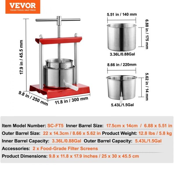 Beverage Equipment | Fruit Wine Press, 1.6 Gallon/6L, 2 Stainless Steel Barrels, Manual Juice Maker, Cider Apple Grape Tincture Vegetables Honey Olive Oil Making Press with T-Handle for Outdoor, Kitchen, and Home Beverage Equipment Beverage Equipment