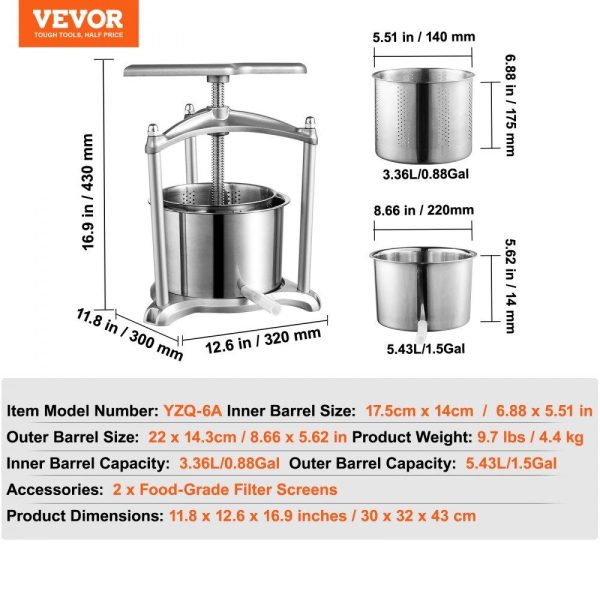 Beverage Equipment | Fruit Wine Press, 1.6 Gallon/6L, 2 Stainless Steel Barrels, Manual Juice Maker, Cider Apple Grape Tincture Vegetables Honey Olive Oil Making Press with T-Handle, Triangular Structure for Kitchen Beverage Equipment Beverage Equipment