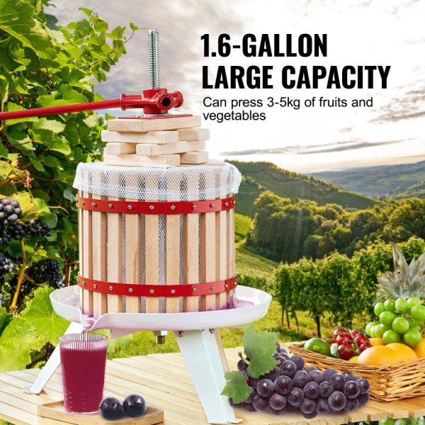 Beverage Equipment | Fruit Wine Press, 1.6 Gallon/6L, Solid Wood Basket with 6 Blocks, Manual Juice Maker, Cider Apple Grape Tincture Vegetables Honey Olive Oil Making Press with Pole Handle Bar for Kitchen and Home Beverage Equipment Beverage Equipment