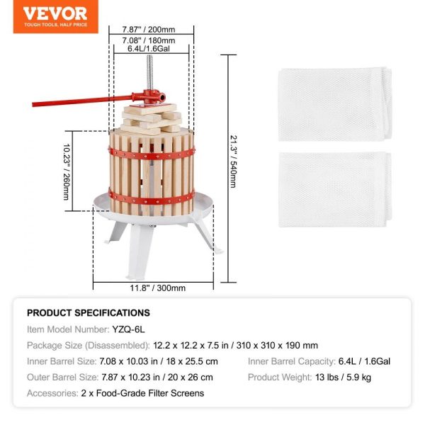 Beverage Equipment | Fruit Wine Press, 1.6 Gallon/6L, Solid Wood Basket with 6 Blocks, Manual Juice Maker, Cider Apple Grape Tincture Vegetables Honey Olive Oil Making Press with Pole Handle Bar for Kitchen and Home Beverage Equipment Beverage Equipment