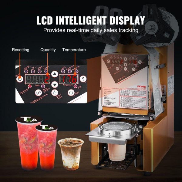 Beverage Equipment | Fully Automatic Cup Sealing Machine, 500-650 Cups/H, Cup Sealer Machine for 190 mm Tall & 90/95 mm Cup, Electric Boba Tea Sealer with Digital Control LCD Panel for Bubble Milk Tea Coffee, Gold Beverage Equipment Beverage Equipment