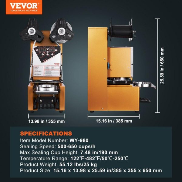 Beverage Equipment | Fully Automatic Cup Sealing Machine, 500-650 Cups/H, Cup Sealer Machine for 190 mm Tall & 90/95 mm Cup, Electric Boba Tea Sealer with Digital Control LCD Panel for Bubble Milk Tea Coffee, Gold Beverage Equipment Beverage Equipment