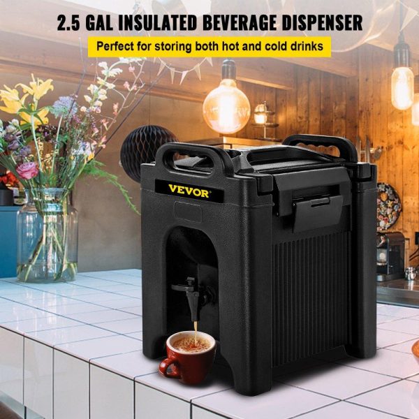 Beverage Equipment | Insulated Beverage Dispenser, 2.5 Gal, Double-Walled Beverage Server w/ PU Insulation Layer, Hot and Cold Drink Dispenser w/ 2-Stage Faucet Handles Nylon Latches Vent Cap, NSF Approved, Black Beverage Equipment Beverage Equipment