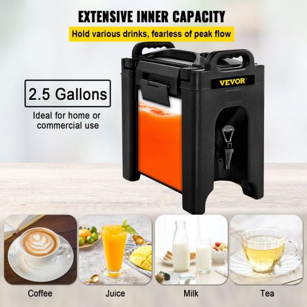 Beverage Equipment | Insulated Beverage Dispenser, 2.5 Gal, Double-Walled Beverage Server w/ PU Insulation Layer, Hot and Cold Drink Dispenser w/ 2-Stage Faucet Handles Nylon Latches Vent Cap, NSF Approved, Black Beverage Equipment Beverage Equipment