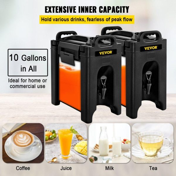 Beverage Equipment | Insulated Beverage Dispenser 2 PCS, 10 Gal, Double-Walled Beverage Server w/ PU Insulation Layer, Hot & Cold Drink Dispenser w/ 2-Stage Faucet Handles Nylon Latches Vent Cap, NSF Approved, Black Beverage Equipment Beverage Equipment