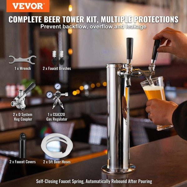 Beverage Equipment | Kegerator Tower Kit, Dual Taps Beer Conversion Kit, Stainless Steel Keg Beer Tower Dispenser with Dual Gauge CGA320 Regulator & D-System Keg Coupler, Self-Closing Spring for Party Bar Home Beverage Equipment Beverage Equipment