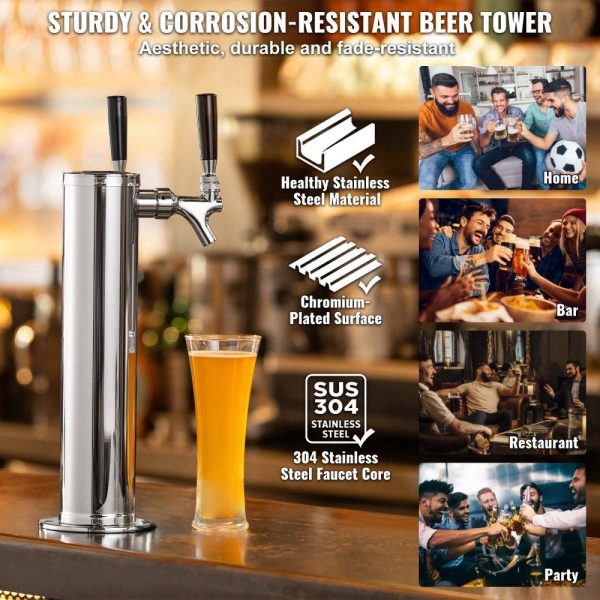 Beverage Equipment | Kegerator Tower Kit, Dual Taps Beer Conversion Kit, Stainless Steel Keg Beer Tower Dispenser with Dual Gauge CGA320 Regulator & D-System Keg Coupler, Self-Closing Spring for Party Bar Home Beverage Equipment Beverage Equipment