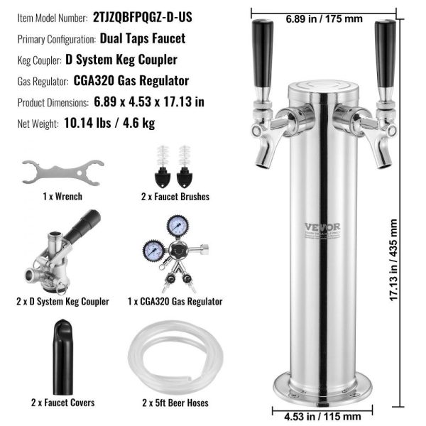 Beverage Equipment | Kegerator Tower Kit, Dual Taps Beer Conversion Kit, Stainless Steel Keg Beer Tower Dispenser with Dual Gauge CGA320 Regulator & D-System Keg Coupler, Self-Closing Spring for Party Bar Home Beverage Equipment Beverage Equipment