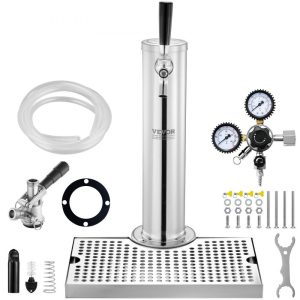 Beverage Equipment | Kegerator Tower Kit, Single Tap Beer Conversion Kit, Stainless Steel Keg Beer Tower Dispenser with Dual Gauge CGA320 Regulator & D-System Keg Coupler, Beer Drip Tray for Party Home Beverage Equipment Beverage Equipment