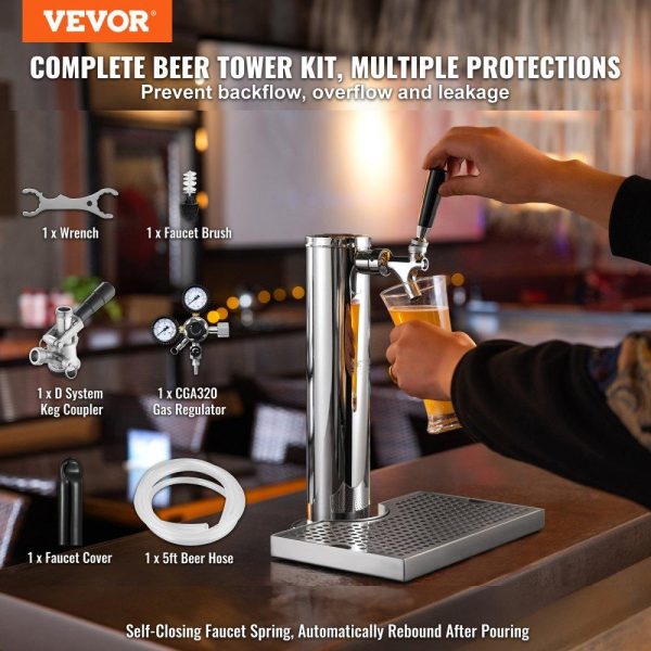 Beverage Equipment | Kegerator Tower Kit, Single Tap Beer Conversion Kit, Stainless Steel Keg Beer Tower Dispenser with Dual Gauge CGA320 Regulator & D-System Keg Coupler, Beer Drip Tray for Party Home Beverage Equipment Beverage Equipment