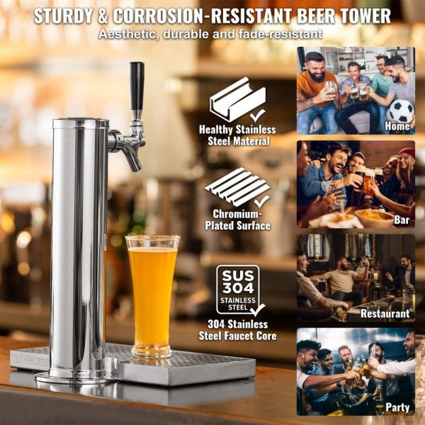 Beverage Equipment | Kegerator Tower Kit, Single Tap Beer Conversion Kit, Stainless Steel Keg Beer Tower Dispenser with Dual Gauge CGA320 Regulator & D-System Keg Coupler, Beer Drip Tray for Party Home Beverage Equipment Beverage Equipment