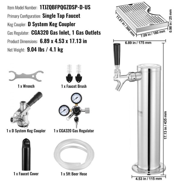 Beverage Equipment | Kegerator Tower Kit, Single Tap Beer Conversion Kit, Stainless Steel Keg Beer Tower Dispenser with Dual Gauge CGA320 Regulator & D-System Keg Coupler, Beer Drip Tray for Party Home Beverage Equipment Beverage Equipment