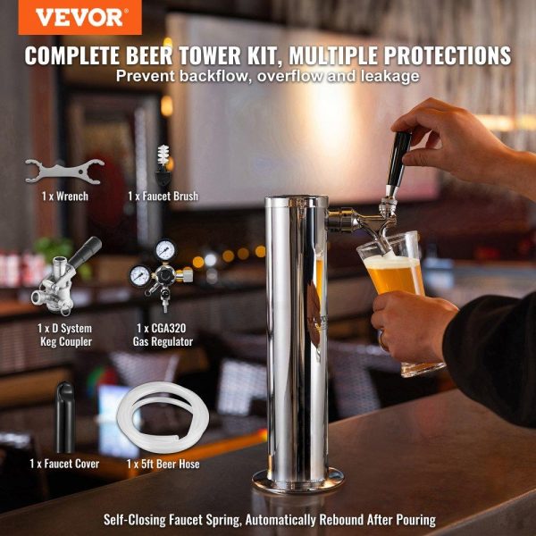 Beverage Equipment | Kegerator Tower Kit, Single Tap Beer Conversion Kit, Stainless Steel Keg Beer Tower Dispenser with Dual Gauge CGA320 Regulator & D-System Keg Coupler, Self-Closing Spring for Party Bar Home Beverage Equipment Beverage Equipment