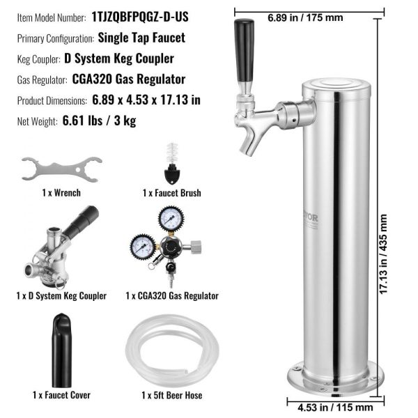 Beverage Equipment | Kegerator Tower Kit, Single Tap Beer Conversion Kit, Stainless Steel Keg Beer Tower Dispenser with Dual Gauge CGA320 Regulator & D-System Keg Coupler, Self-Closing Spring for Party Bar Home Beverage Equipment Beverage Equipment