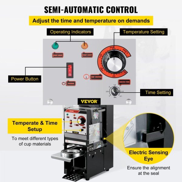 Beverage Equipment | Semi-automatic Cup Sealing Machine, 300-500 Cup/h Tea Cup Sealer Machine, Black Boba Cup Sealer Machine, 90/95mm Cup Diameter Boba Cup Sealing Machine with Control Panel for Bubble Milk Tea Black Beverage Equipment Beverage Equipment