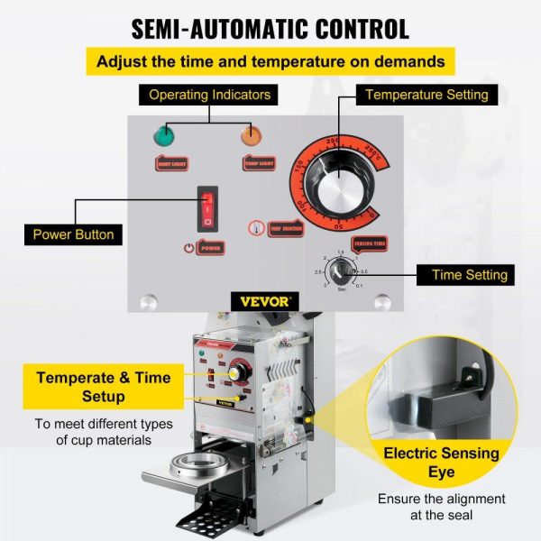 Beverage Equipment | Semi-automatic Cup Sealing Machine, 300-500 Cup/h Tea Cup Sealer Machine, Silver Boba Cup Sealer Machine, 90/95mm Cup Diameter Boba Cup Sealing Machine with Control Panel for Bubble Milk Tea Silver Beverage Equipment Beverage Equipment