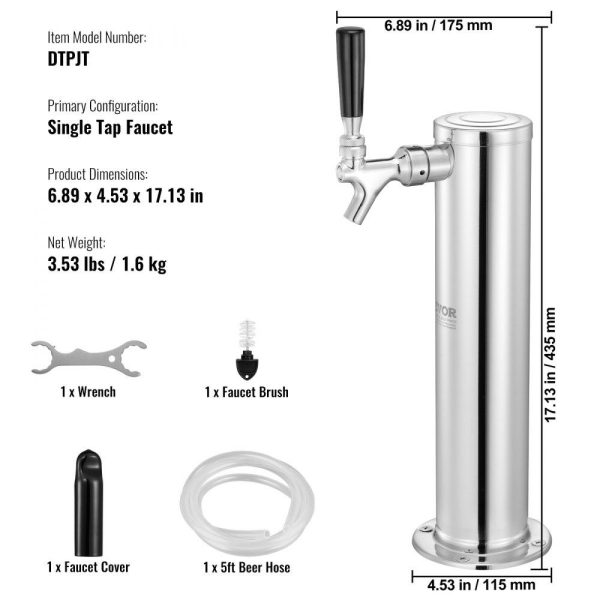 Beverage Equipment | Single Faucet Draft Beer Tower Dispenser, Stainless Steel Keg Beer Tower, Kegerator Tower Kit with Pre-Assembled Tubing and Self-Closing Faucet Shank for Party, Bar, Pub, Restaurant Beverage Equipment Beverage Equipment